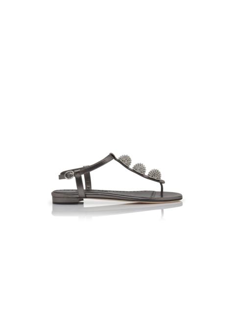 Manolo Blahnik Silver Nappa Leather Embellished Flat Sandals