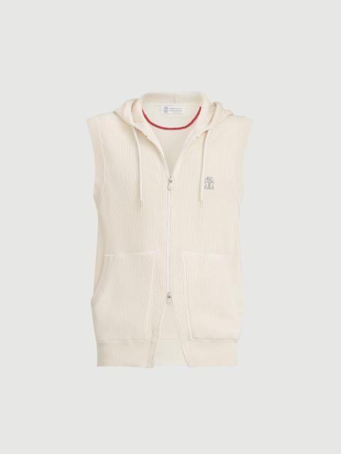 Brunello Cucinelli Cotton English rib knit hooded vest with logo and zipper