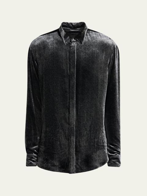 GIORGIO ARMANI Men's Herringbone Velvet Concealed-Placket Tuxedo Shirt