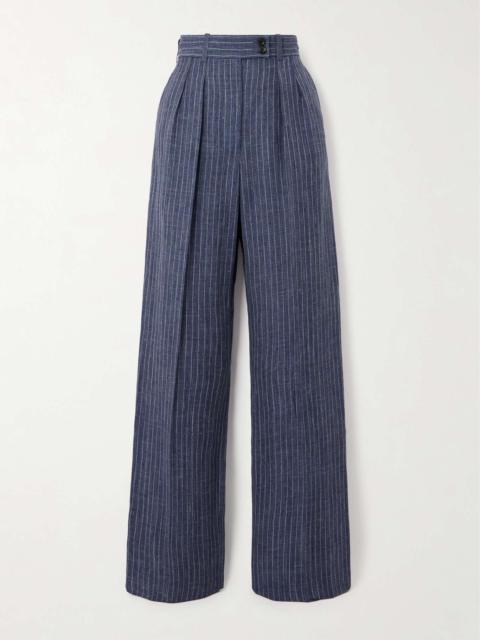 Pleated striped linen-blend straight-leg pants