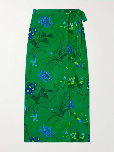 Floral-print cotton and linen-blend midi wrap skirt