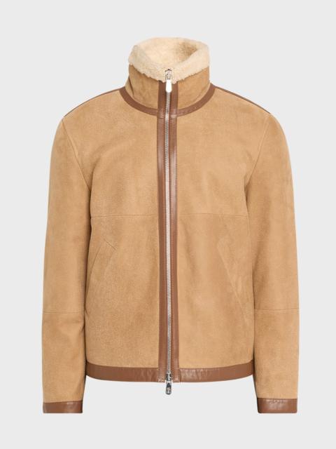 Men's Lamb Shearling Lined Suede Jacket with Leather Taping