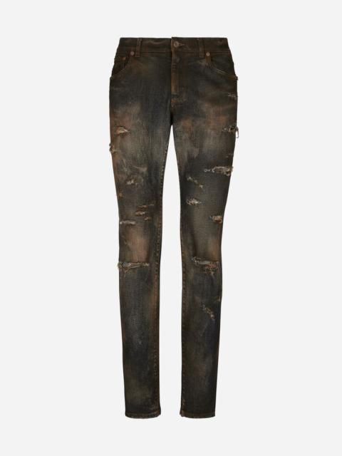 Slim-fit overdyed stretch denim jeans