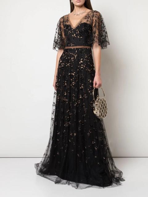 Marchesa V-NECK GLITTER TULLE GOWN