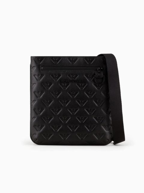 EMPORIO ARMANI Flat leather shoulder bag with all-over embossed eagle