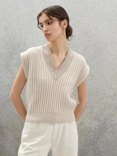 Brunello Cucinelli Cashmere rib knit vest with dazzling neckline
