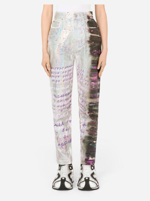 Foiled jeans with multi-colored glitch print