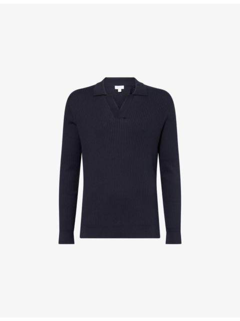 Sunspel Open-Collar Stretch-Rib Silk and Cotton Polo Top