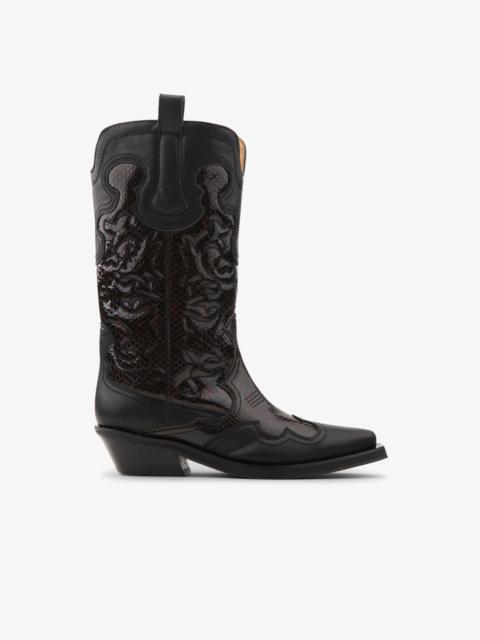 GANNI MID SHAFT EMBROIDERED WESTERN BOOTS IN BURGUNDY