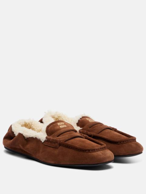 Miu Miu Ruches shearling-lined suede penny loafers