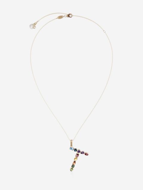 Rainbow alphabet T pendant in yellow gold with multicolor fine gems