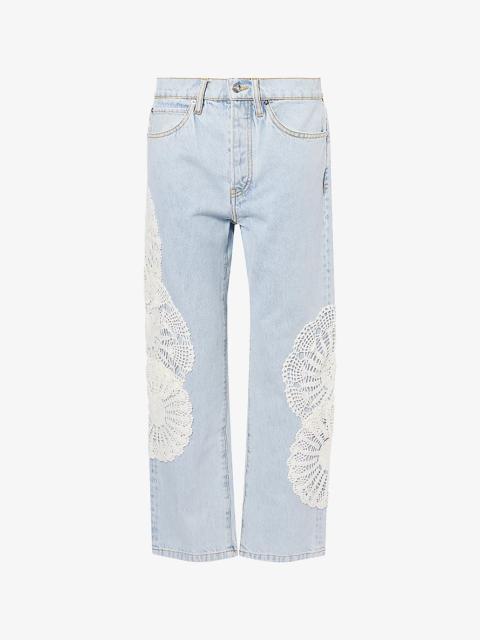 FRAME Crochet Vertical Crop Straight-Leg High-Rise Jeans