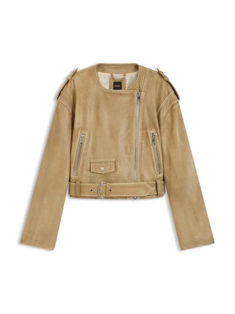 BOSS CROPPED BIKER JACKET IN GRAINED LEATHER