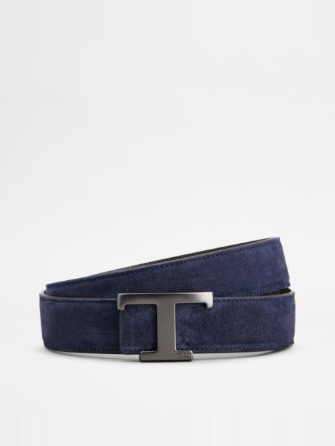 Tod's T TIMELESS REVERSIBLE BELT IN SUEDE - BLUE, BROWN