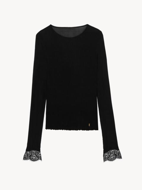 SAINT LAURENT CASSANDRE LACE-CUFF TOP IN RIBBED SILK JERSEY