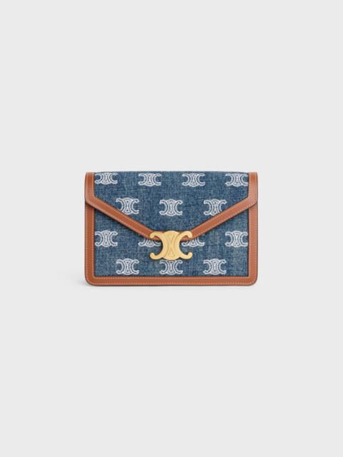 CELINE WALLET ON CHAIN MARGO in DENIM WITH TRIOMPHE ALL-OVER EMBROIDERY AND CALFSKIN