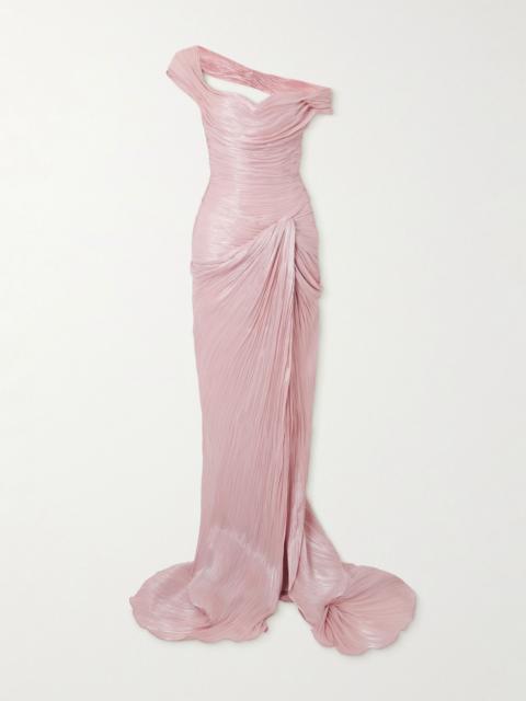 MARMAR HALIM Off-the-shoulder draped metallic plissé-taffeta gown Pink