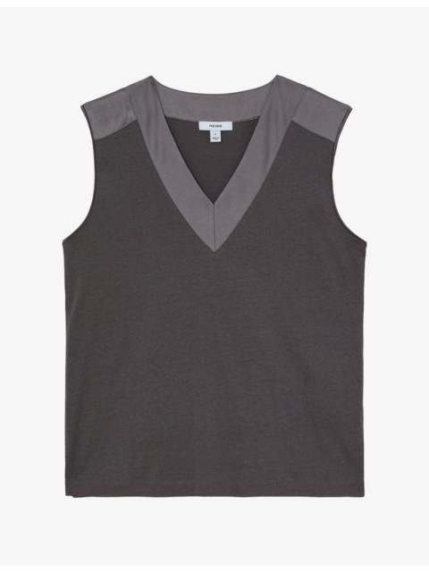 REISS Kallie Contrast-Trim Silk-Blend Top