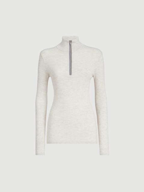 Brunello Cucinelli Virgin wool and cashmere rib lightweight turtleneck sweater with precious half zip