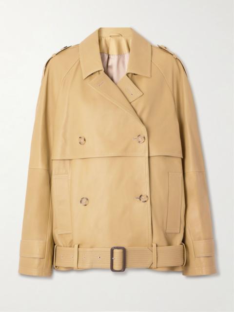 Totême Double-breasted belted layered leather jacket Sand