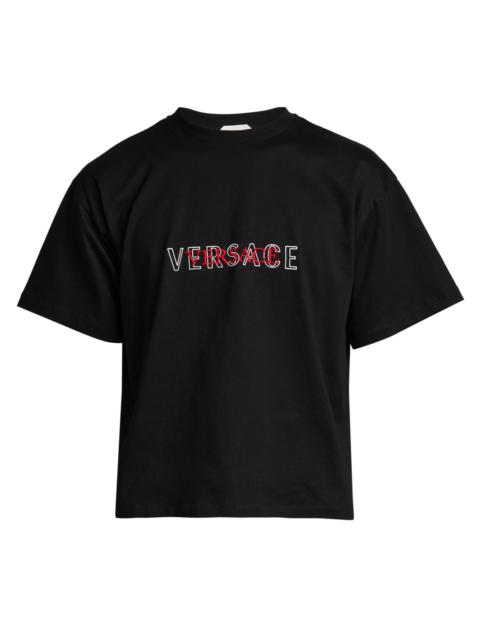 VERSACE Men's Logo-Embroidered Cotton T-Shirt - Black