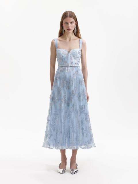 Blue Metallic Chiffon Pleated Midi Dress