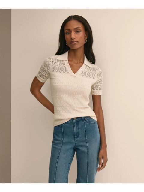 Brooks Brothers Silk-Cotton Short-Sleeve Johnny Collar Pointelle Sweater