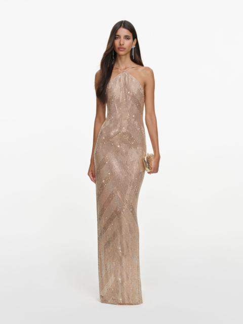 self-portrait Champagne Chevron Rhinestone Halterneck Maxi Dress