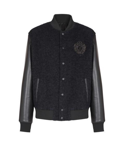 Varsity tweed and faux leather jacket