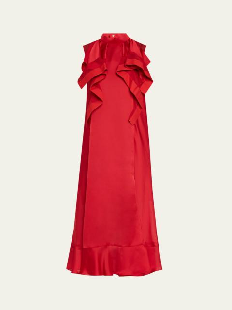 sacai Ruffle Front Satin Maxi Dress
