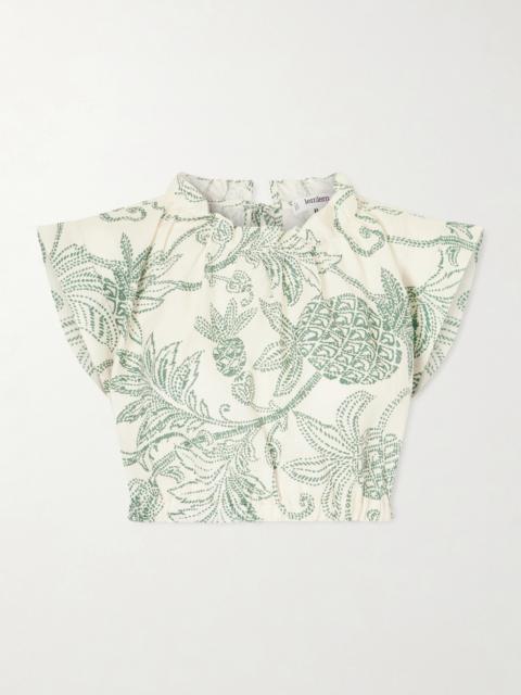 lemlem Muna Cropped Ruched Printed Linen Top