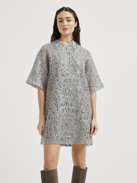 Brunello Cucinelli Dazzling croc embroidery mini knit T-shirt dress in mohair, silk and linen