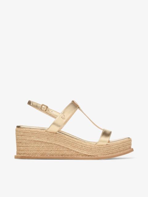 JIMMY CHOO Theia Wedge 60
Gold Metallic Leather Wedge Sandals