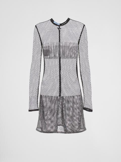 Prada Embroidered rhinestone mesh mini-dress