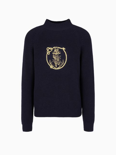 Virgin-wool-blend, mock-neck jumper with anchor and logo embroidery