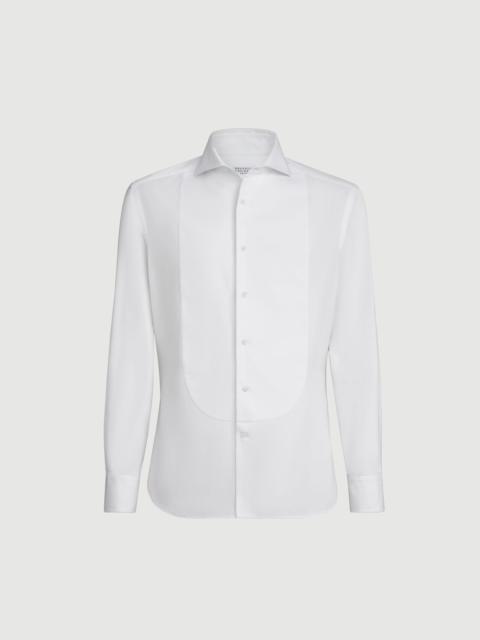 Brunello Cucinelli Sea Island cotton twill slim fit shirt with point collar and pleated bib and cuffs
