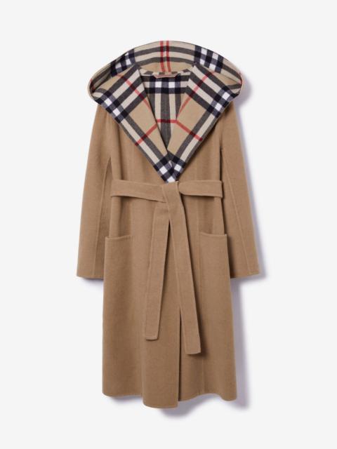 Burberry Check Detail Wool Hooded Wrap Coat