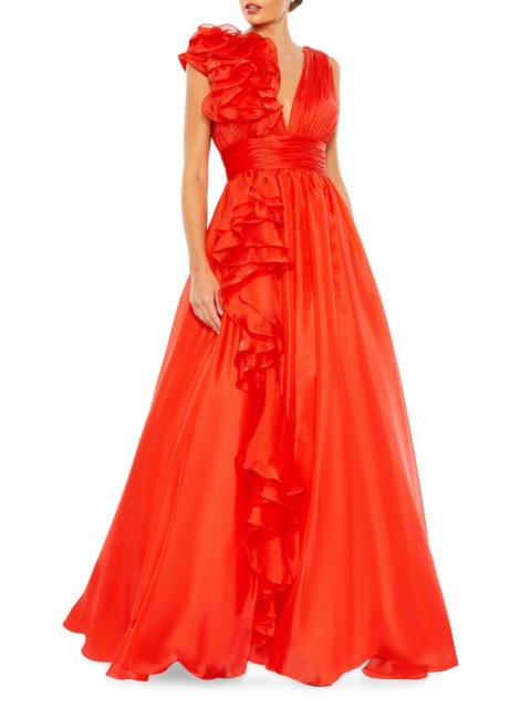 MAC DUGGAL Women's Satin Plunge Ruffled A-Line Gown - Cherry