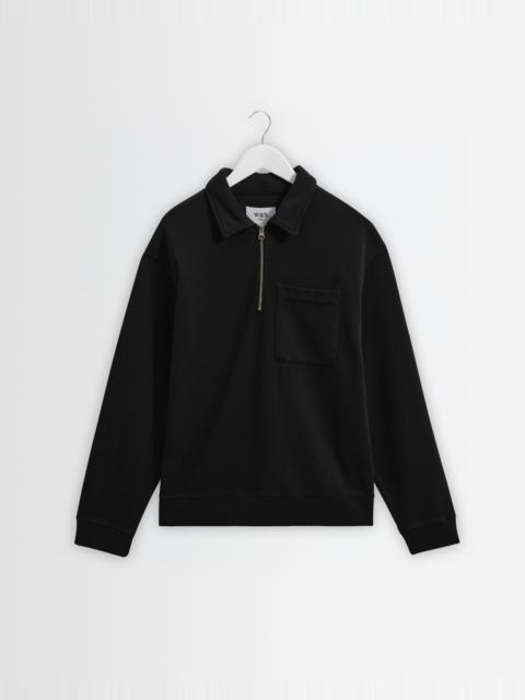 Wax London Reeve - Washed Black Loopback Organic Cotton Collared Sweatshirt