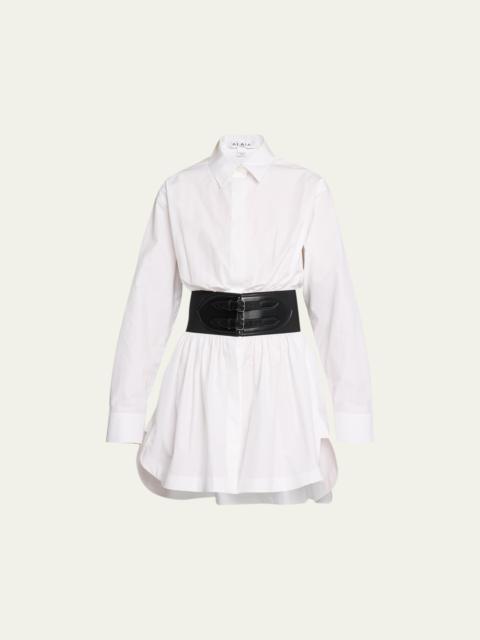 Alaïa Button-Front Mini Shirtdress with Corset Belt
