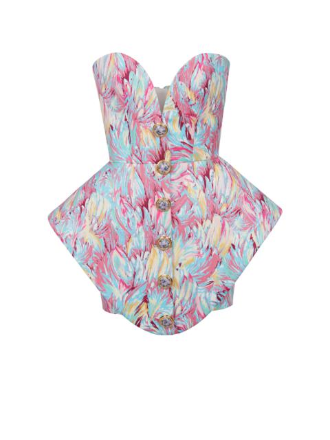 Peplum bustier dress with Feather print