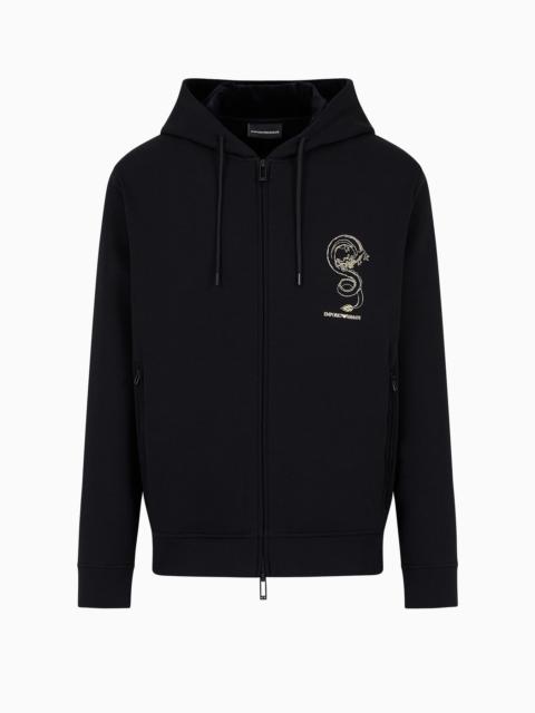 Double-jersey hooded sweatshirt with dragon embroidery