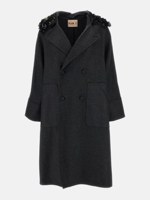 Plan C DOUBLE-BREASTED MELANGE WOOL COAT WITH SEQUIN COLLAR