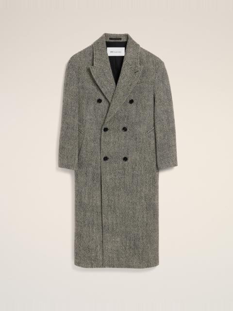AMI Paris LONG BLACK DOUBLE BREASTED WOOL HERRINGBONE COAT
