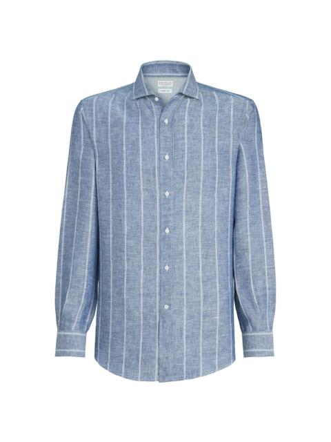 Brunello Cucinelli Men's Linen Denim Effect Twill Easy Fit Shirt with Spread Collar - Denim