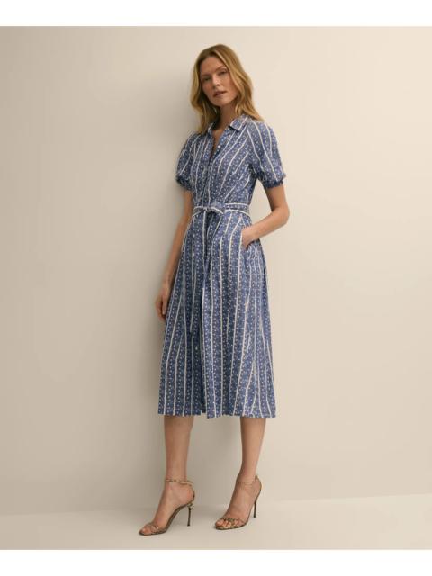 Brooks Brothers Chambray Floral-Stripe Embroidered Belted Shirt Dress