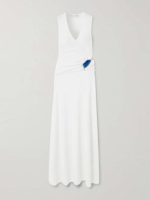 Moodstone embellished wrap-effect cutout ribbed stretch-jersey maxi dress