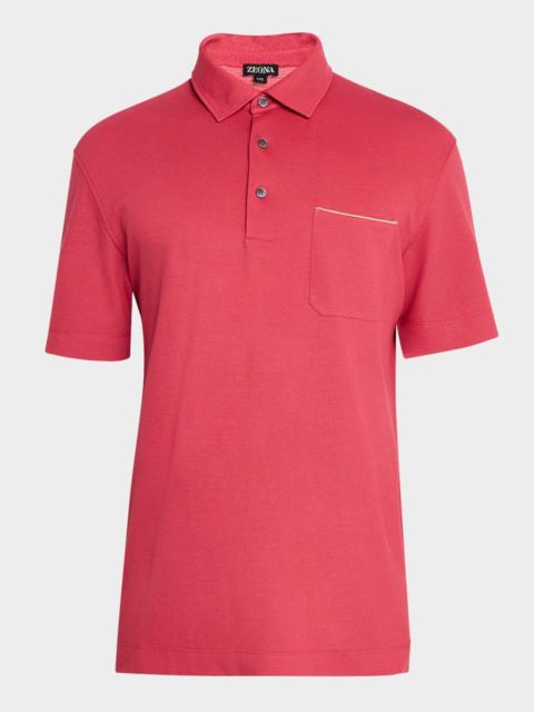 ZEGNA Men's Pique Polo Shirt with Leather-Trim Pocket