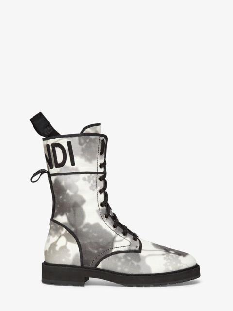 Gray canvas biker boots