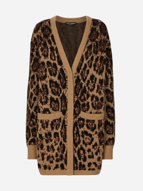 Long wool and cashmere cardigan with jacquard leopard design